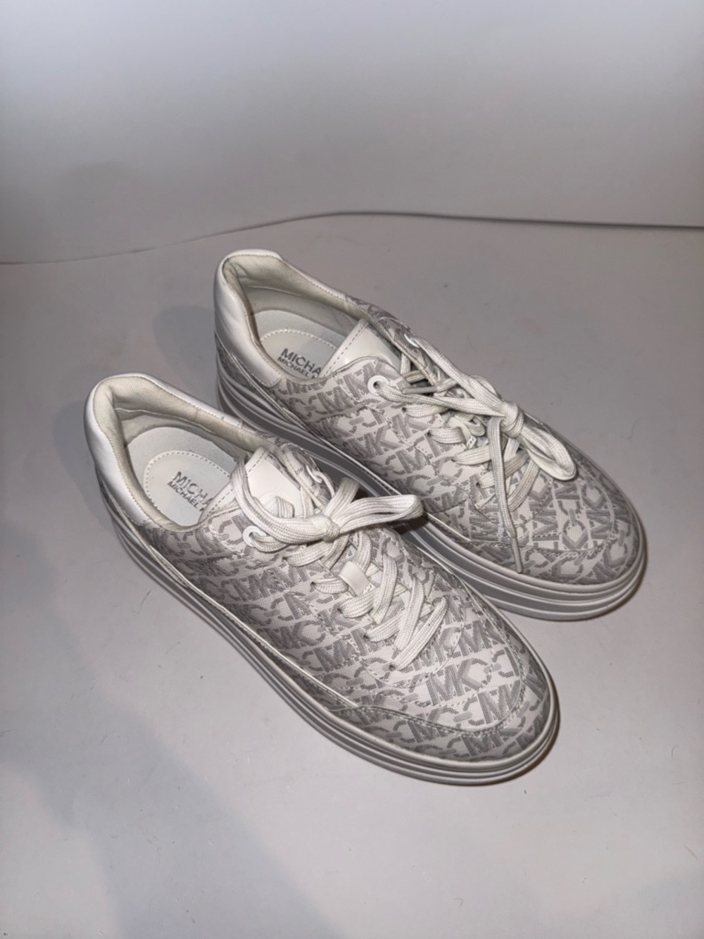 Michael Kors Cream and White MK Monogram Platform Sneakers - Picture 2 of 6